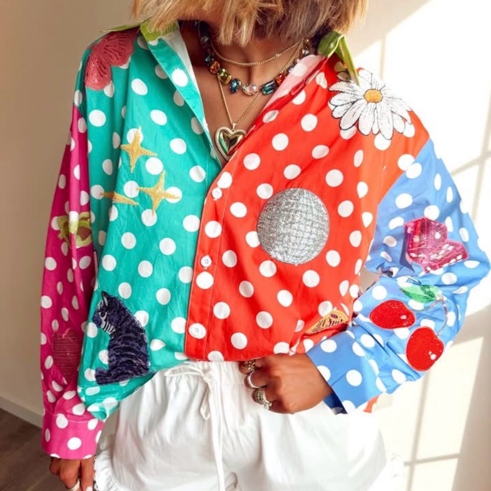 QUEEN OF SPARKLES Multicolor Polka Dot Button Down Shirt